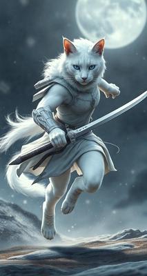 The primary subject of the image is a white cat with blue eyes, dressed in a white robe and holding a sword. The cat appears to be a character from a fantasy or mythological story. The setting is a dark, cloudy sky, which adds to the dramatic atmosphere of the scene. The visual style is a digital art or illustration, creating a detailed and vivid representation of the cat and its surroundings. The colors and mood of the image are predominantly dark and moody, with the white cat and its sword standing out against the dark sky.